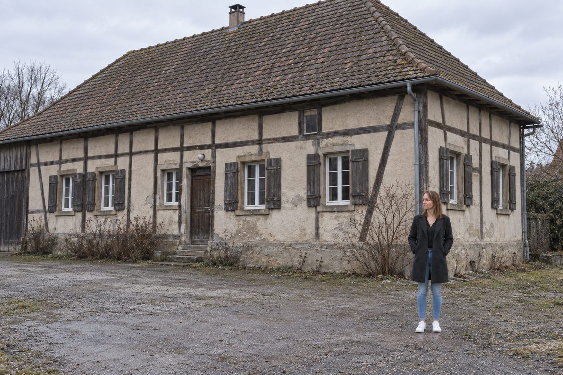 Melanie Vogtli debout devant une ferme alsacienne a colombages, par temps gris.